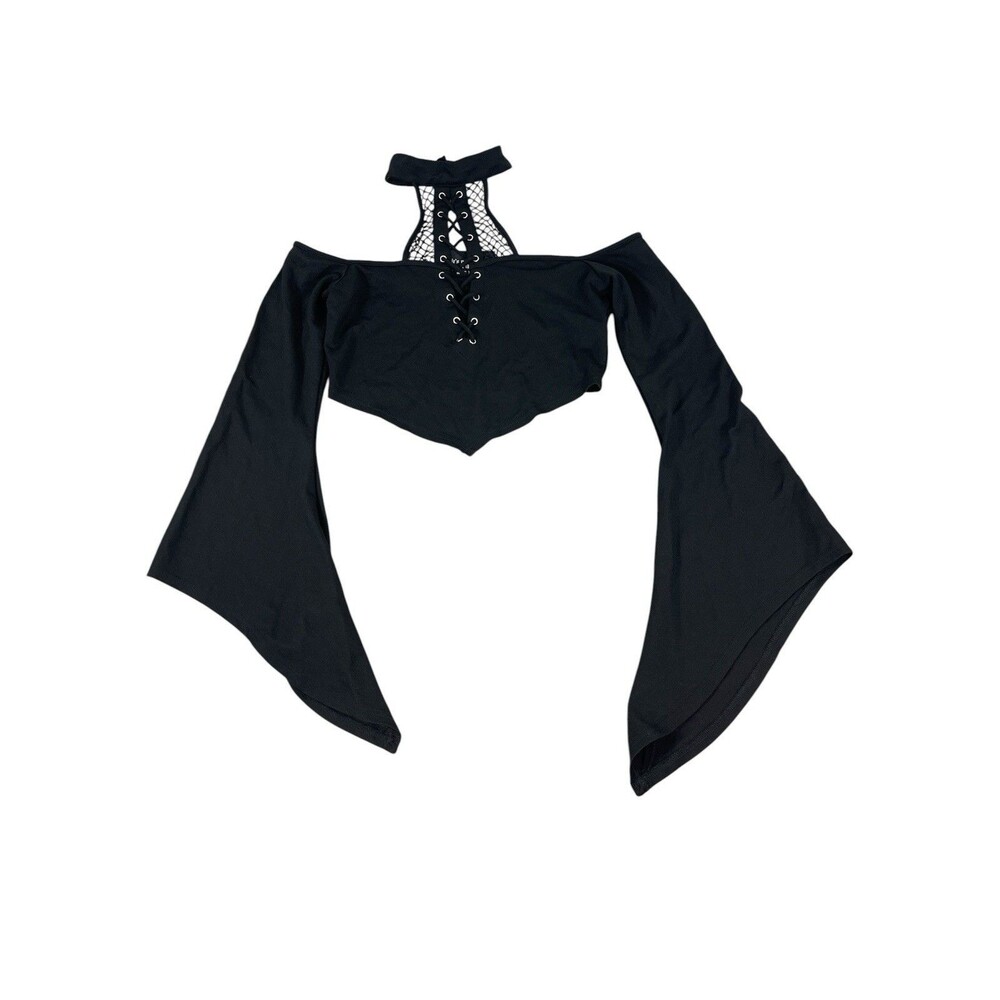 Killstar Black Gothic Crop Top Bell Sleeve Lace Up Choker Neck Witchy Emo M